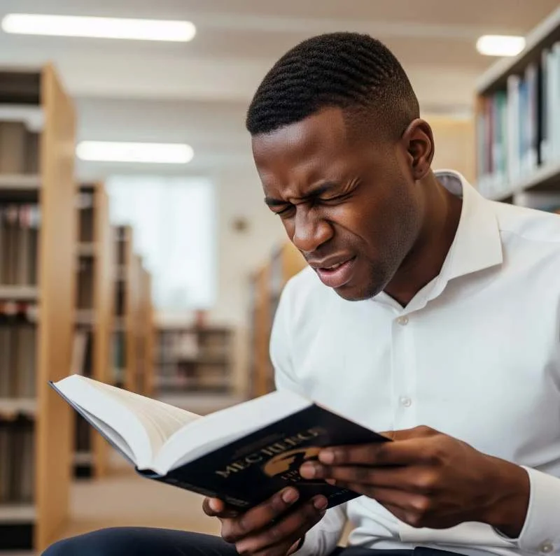 A man holding a book far away from his face to read clearly, demonstrating a common sign of farsightedness.
