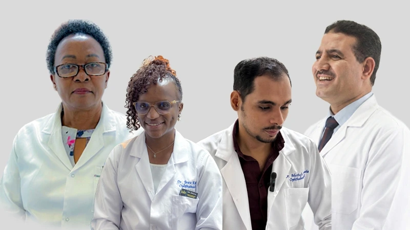 Two smiling surgeons from Kampala Eye & Lasik Hospital embracing a happy female patient after her successful eye surgery.